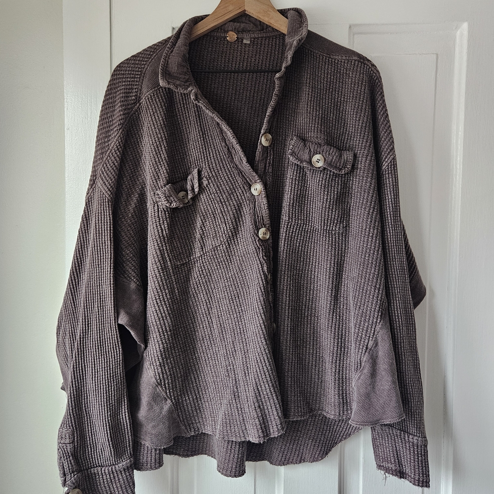 Free People Scout Oversized Waffle Knit Jacket | Slouchy Boho Shacket Brown - Picture 3 of 4
